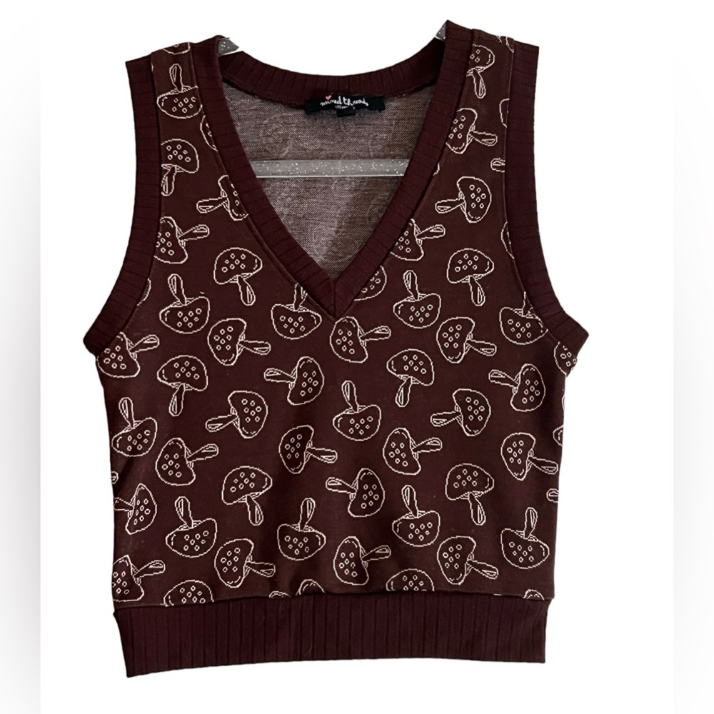 V-Neck Mushroom Print Sweater Vest - Brown